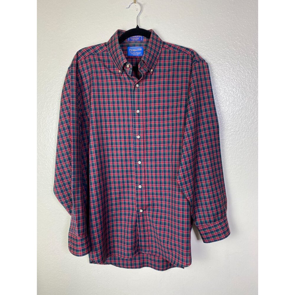 Pendleton 100% Pure Virgil Wool Mens Red Green Plaid Button Up Shirt Size Medium - Picture 12 of 13